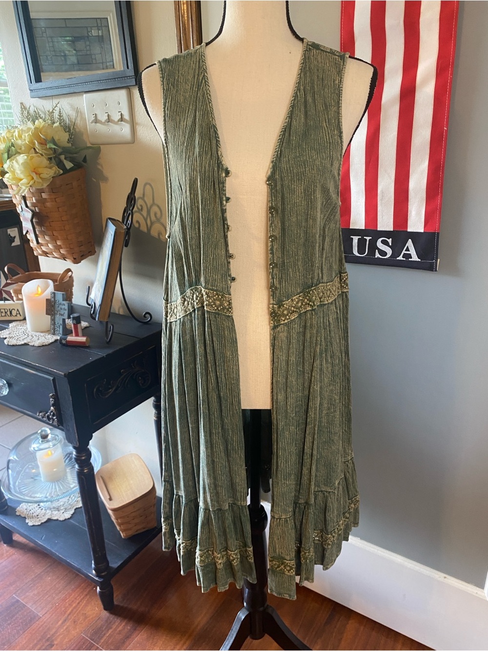 Sleeveless Olive Green Boho Duster Dress